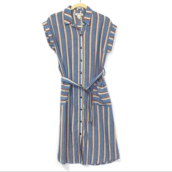 NWOT NORDSTROM Monteau Vintage Linen Blue & Orange Stripe Tie Dress size Small - Picture 2 of 7